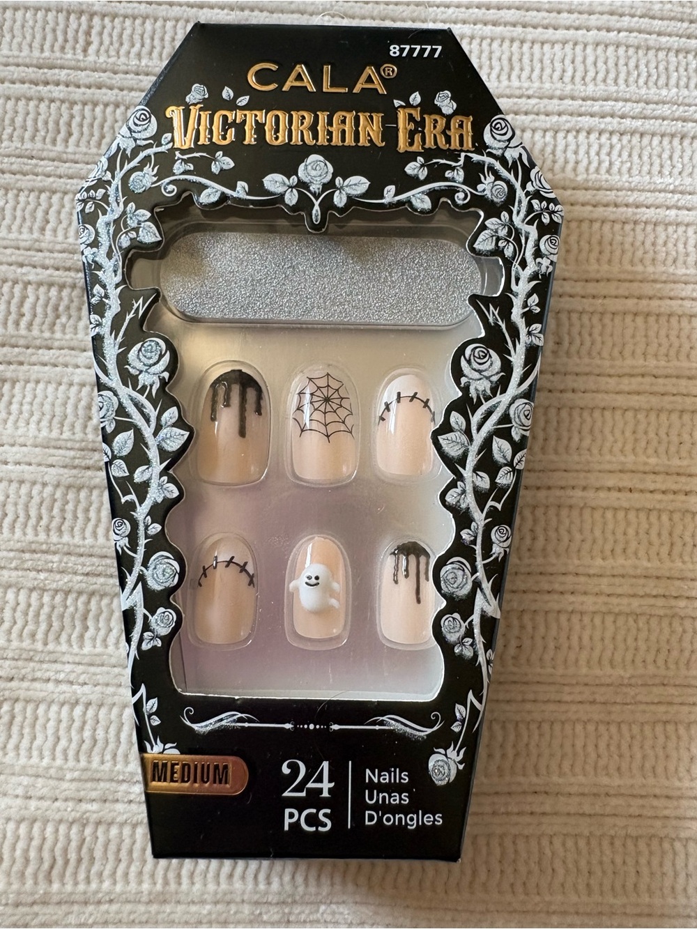 Victorian Era Halloween Press-On Nails - Cream 3D Ghost & Black Accents